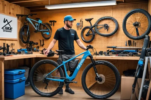 Prompt: Picture a eye-catching workshop setlled in a shop. One of the wall has a huge panel with a wide range of bicycle tools,  on the other one we see  tires, frames and forks. The mechanic is a young fellow  wearing a black cargo shorts , a blue polo with the 'SSC' logo on the chest , blue socks and  grey nike snikers with  a dark trucker cap. The Mechanic is replacing a Electric engine System  on a TREK e-mtb bike  . The Workshop has a electric bike stand and a workbench. 