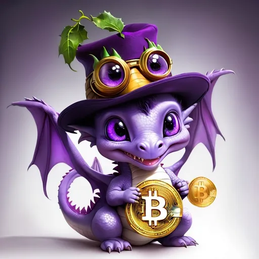 Prompt: happy purple baby dragon holding a bitcoin. white eyes. Using a hat.