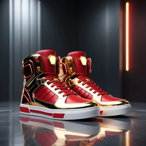 Prompt: (High top sneakers), stylish design inspired by Iron Man, sleek metallic colors, (striking red and gold accents), smooth textures, urban vibe, (dynamic lighting), modern aesthetic, attractively showcased on a reflective surface, (highly detailed), background evokes a futuristic atmosphere, ideal for fashion enthusiasts, perfect blend of style and innovation.