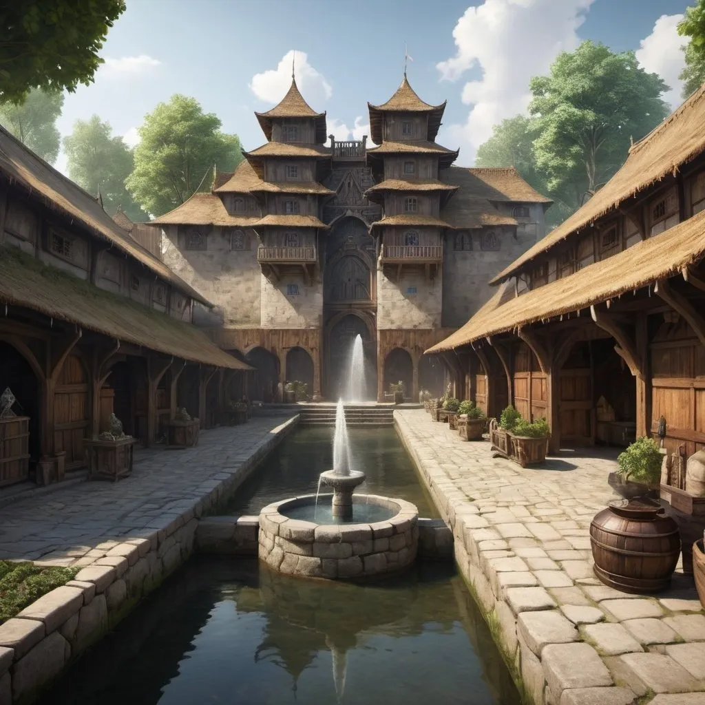 Prompt: A rounded fortress kingdom with high stone walls and a large sturdy gate. Giant wooden walls open to small yet very lively marketplace surrounded by ornamental gardens. A long, rectangular and shallow water fountain leads to King Kolban’s castle in the same way a carpet may be laid out. In addition to the many tents in the market, two larger buildings made of wood and stone sit on either side of the long fountain. Many small dwellings can be seen in the distance over the Saboken River that cuts through this small kingdom