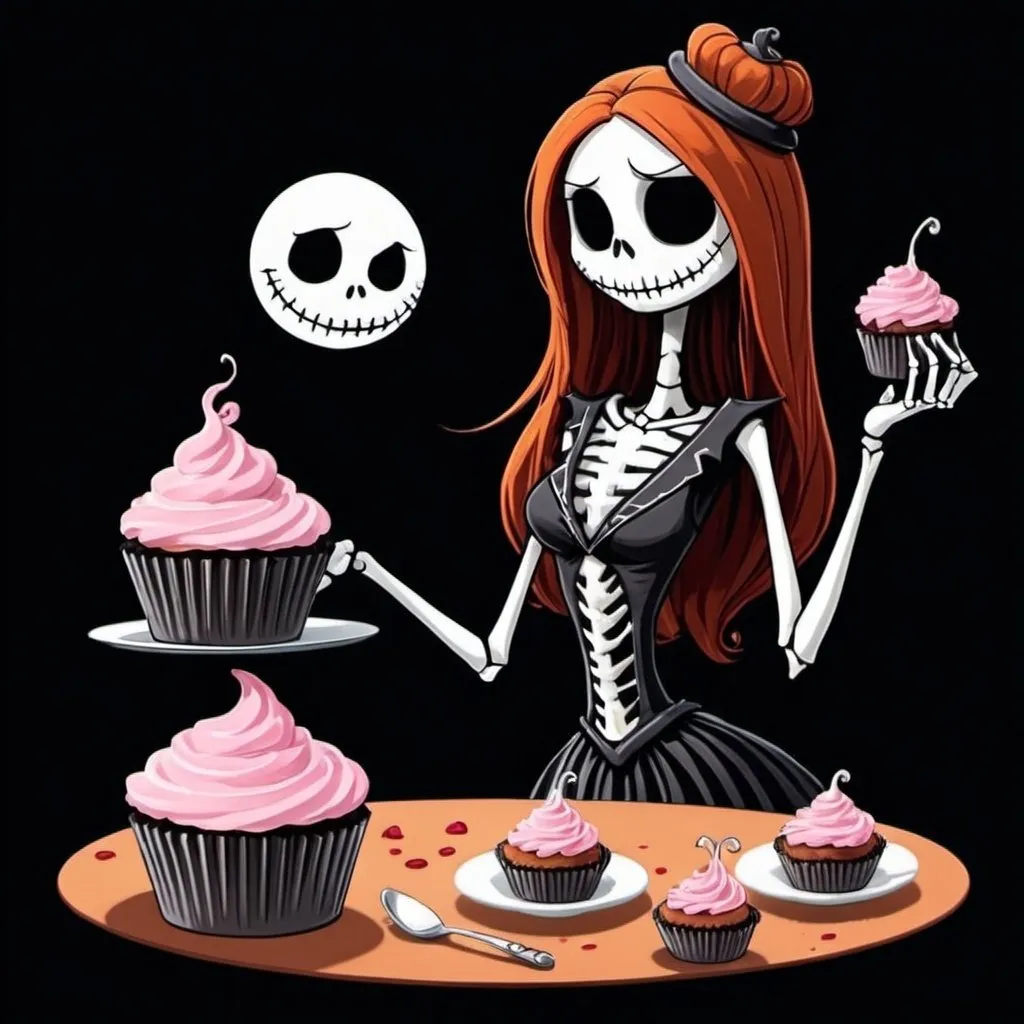 Prompt: sally skellington making cupcakes 2d cartoon simple