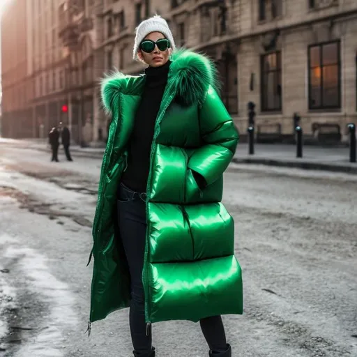 Prompt: woman modeling a long green puffer coat with one spike on each shoulder
