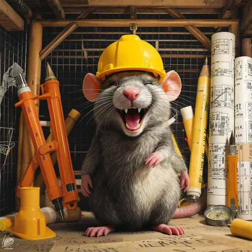 Prompt: immagine di un ratto che ride disegnato a penna visto di fronte figura intera in piedi con casco giallo della sicurezza in testa e rotoli di progetti sottobraccio e strumenti architetto: squadra e compasso
