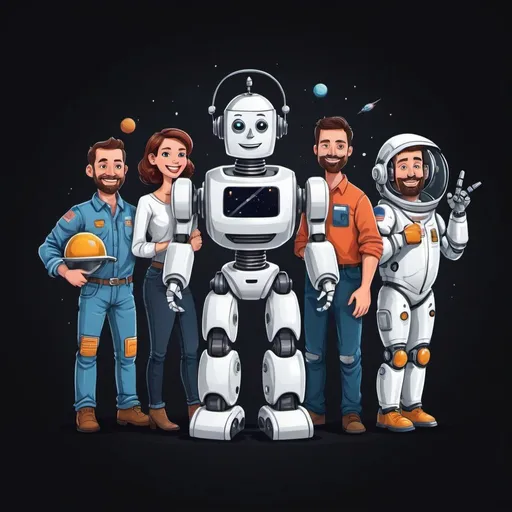 Prompt: Create a funny illustration for a podcast cover: a robot with an astronaut, a farmer, a professor and a painter. Put the robot in the center of the group. Everyone are looking and smiling at the camera. Use empty dark background and keep empty space on the top of the picture.