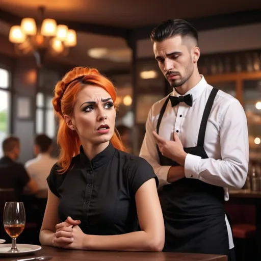 Prompt: transwoman is complaining to a male waiter. Waiter is filipino standing infront of the transwoman. Transwoman is wearing black and orange hair is tied up. Waiter is wearing black uniform.