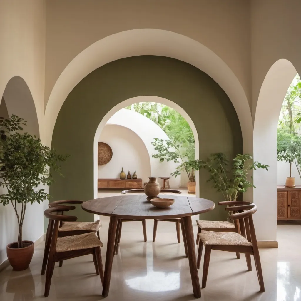 Prompt: an interior of a house with minimalist theme that has an arch that leads to dining area that has a round table. On the round table will have dishes made with moringa leaves.  Angle of the photo shows the close up of the dining table on the right side, then the arch at the background on the left side.