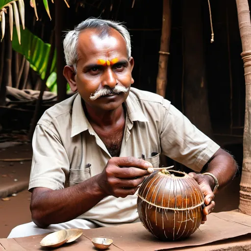 Prompt: indian craft artisan middle aged man coconut shell craft