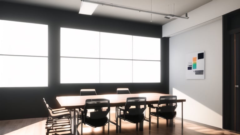 Prompt: Excel, SQL, and Tableau logos hanging on the wall, minimalist 3D rendering, modern office setting, polished wood table, comfortable chairs, professional setting, high quality, 3D rendering, minimalist, modern, polished wood, comfortable seating, professional setting, professional lighting