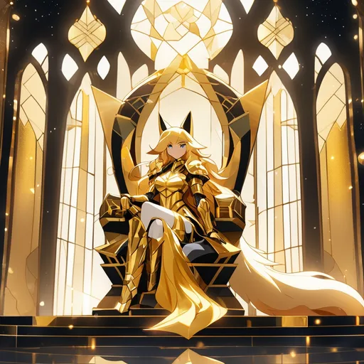 Prompt: anthropomorphic anime lady fox with long gold hair sitting on a throne wearing golden light armor, a full body photo, wearing a two-piece armor, a City background, <mymodel> art style, neat and clean tangents, contrasting black background, geometric shapes, in HDR, stain glass