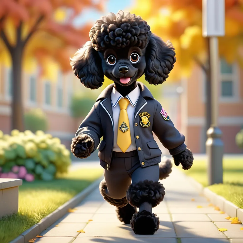 Prompt: puppy anthro black poodle in school clothes, walking to school, playful expression, 3D rendering, school setting, sunny day, detailed fur, detailed clothing, professional, highres, school uniform, anthropomorphic, detailed fur, furry, highly detailed, anthro furry 