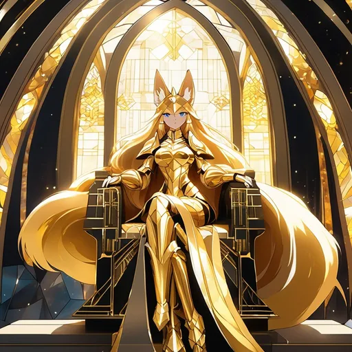 Prompt: anthropomorphic anime lady fox with long gold hair sitting on a throne wearing golden light armor, a full body photo, wearing a two-piece armor, a City background, <mymodel> art style, neat and clean tangents, contrasting black background, geometric shapes, in HDR, stain glass