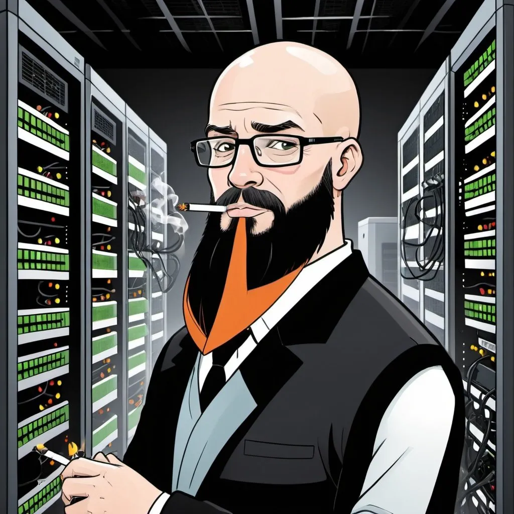 Prompt: A cartoon picture of a black-haired, bald man with a professorial beard, a smoker, who is working hard in a crowded cable network, in a data center, and in a rack.