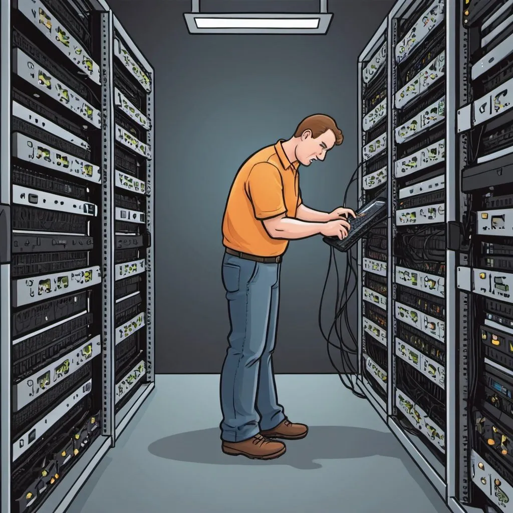 Prompt: A cartoon picture of a man working on a network rack