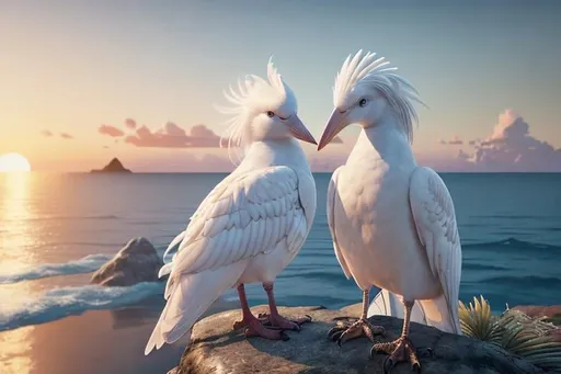 Prompt: Portrait of white birds with curly feathers sitting infront Of ocean sunrise. Unreal Engine, fantastic scene, super detailed, 9k, high resolution.