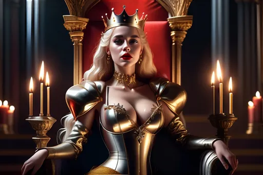 Prompt: Full body portrait of beautiful blonde queen with red lips, with shiny white straight hair sitting on the throne in gold corset dress with big cleavage with gold diamond crown. Holding a book. A lot of candles and flowers surrounding her. hyperrealistic, sharp focus, 64 megapixels, perfect composition, high contrast, cinematic, atmospheric, moody. detailed matte painting, deep color, fantastical, intricate detail, splash screen, complementary colors, fantasy concept art, 8k resolution trending on Artstation Unreal Engine 5.