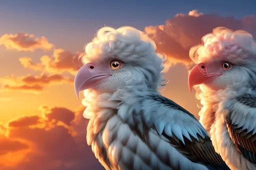 Prompt: Two birds with cute face and bright long curly feathers sitting on the cloud surrounding by sunset. 4k, phototealistic, fantasy, detailed.