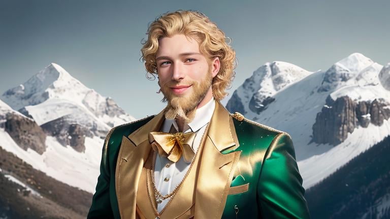 Prompt: Beautiful full body portrait of a handsome blond curly man with shaped beard, green eyes, flirty smile, in gold sleevless jacket, liguid gold is dripping from his shoulders. On the background are black big roses and snowy mountains. HDR, hyperrealistic, sharp focus, 64 megapixels, perfect composition, high contrast, cinematic, atmospheric, moody. detailed matte painting, deep color, fantastical, intricate detail, splash screen, complementary colors, fantasy concept art, 8k resolution trending on Artstation Unreal Engine 5.