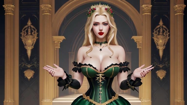 Prompt: In the front of gold big castle is full body portrait of blonde beautiful woman with green eyes, red lips, in big cleavage black corset dress. Hair are decorated with many beautiful flowers. Jewelery decorates neck, hands and shoulders. 
UNREAL ENGINE, 8K HIGH RESOLUTION, DETAILED, SUPERIOR, FANTASTIC AND MYSTERIOUS.