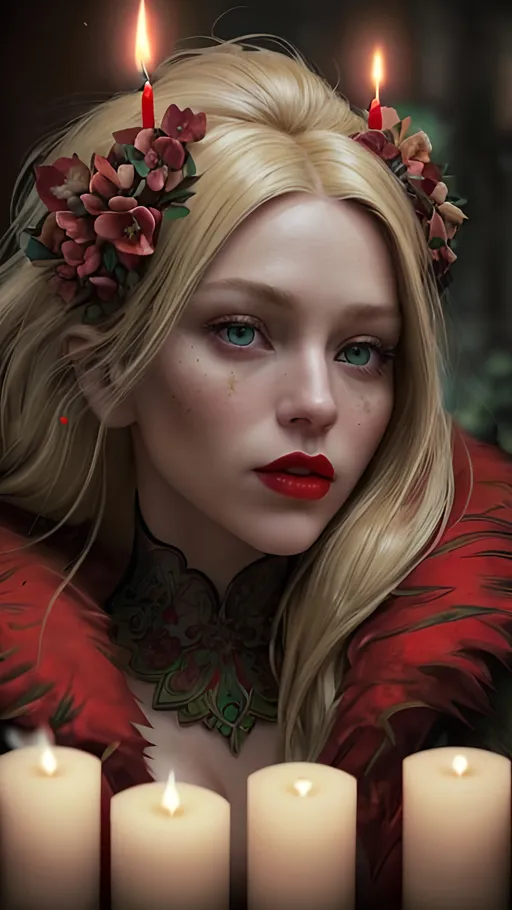 Prompt: Portrait of beautiful blonde. Green eyes, red lips, red real fur coat. A lot of candles and flowers surrounding her background. 8k resolution trending on Artstation Unreal Engine 5, hyperrealistic, sharp focus, 64 megapixels, perfect composition, high contrast, cinematic, atmospheric, moody. detailed glossy painting, deep color, fantastical, intricate detail, splash screen, complementary colors, fantasy concept art.