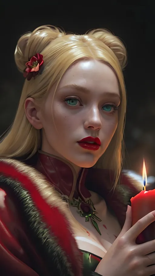 Prompt: Portrait of beautiful blonde. Green eyes, red lips, red real fur coat. A lot of candles and flowers surrounding her background. 8k resolution trending on Artstation Unreal Engine 5, hyperrealistic, sharp focus, 64 megapixels, perfect composition, high contrast, cinematic, atmospheric, moody. detailed glossy painting, deep color, fantastical, intricate detail, splash screen, complementary colors, fantasy concept art.