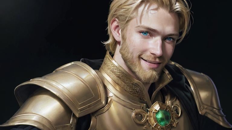 Prompt: Beautiful half body portrait of a handsome blond man with shaped beard, green eyes, flirty smile, in gold armour sleevlese jacket, liguid gold is dripping from his shoulders. HDR, hyperrealistic, sharp focus, 64 megapixels, perfect composition, high contrast, cinematic, atmospheric, moody. detailed matte painting, deep color, fantastical, intricate detail, splash screen, complementary colors, fantasy concept art, 8k resolution trending on Artstation Unreal Engine 5.