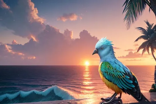 Prompt: Portrait of bright birds with curly feathers sitting infront Of ocean sunrise. Unreal Engine, fantastic scene, super detailed, 9k, high resolution.
