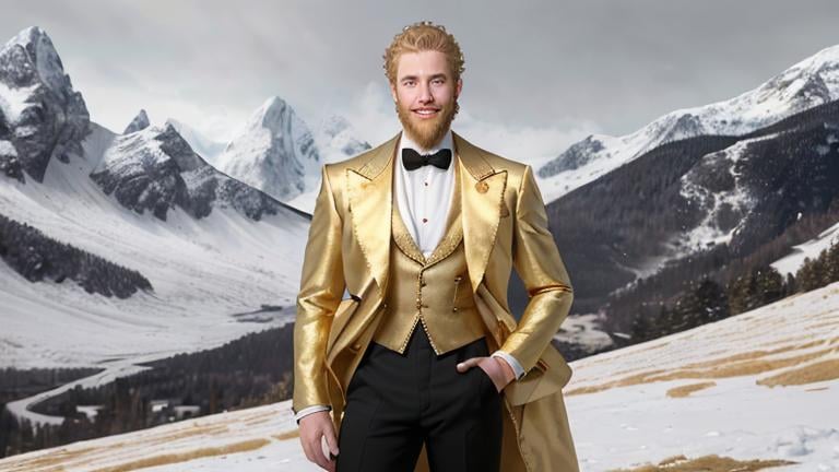 Prompt: Beautiful full body portrait of a handsome blond curly man with shaped beard, green eyes, flirty smile, in gold sleevless jacket, liguid gold is dripping from his shoulders. On the background are black big roses and snowy mountains. HDR, hyperrealistic, sharp focus, 64 megapixels, perfect composition, high contrast, cinematic, atmospheric, moody. detailed matte painting, deep color, fantastical, intricate detail, splash screen, complementary colors, fantasy concept art, 8k resolution trending on Artstation Unreal Engine 5.