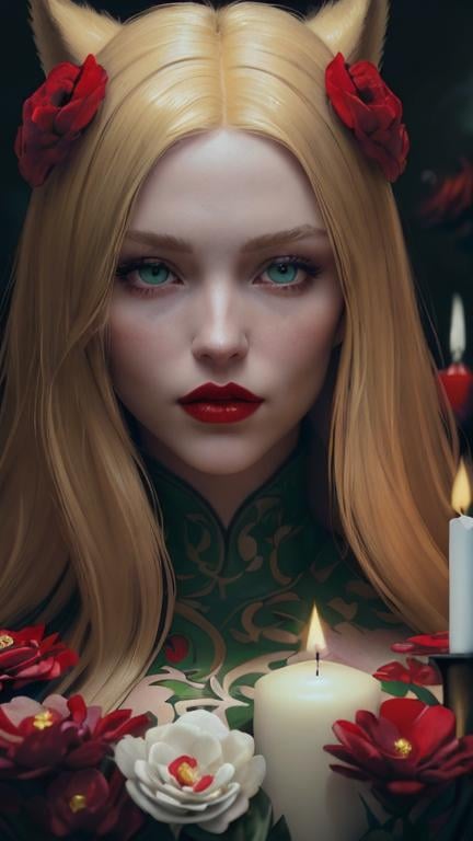 Prompt: 
Portrait of beautiful blonde. Green eyes, red lips, red real fur coat. A lot of candles and flowers surrounding her background. 8k resolution trending on Artstation Unreal Engine 5, hyperrealistic, sharp focus, 64 megapixels, perfect composition, high contrast, cinematic, atmospheric, moody. detailed glossy painting, deep color, fantastical, intricate detail, splash screen, complementary colors, fantasy concept art. DETAILED, SUPERIOR, FANTASTIC AND MYSTERIOUS.