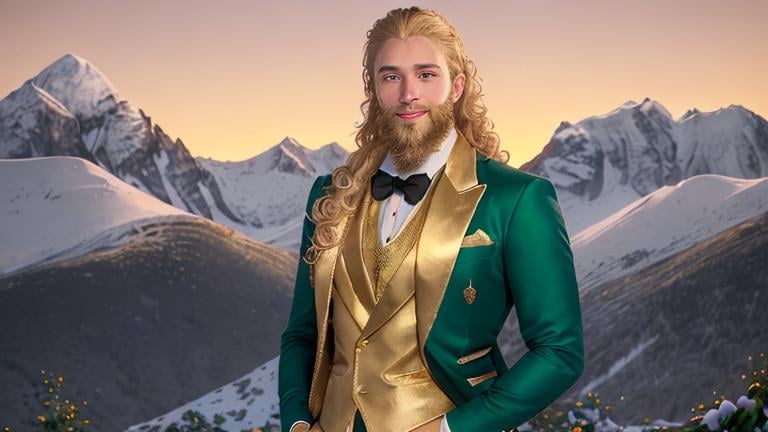 Prompt: Beautiful full body portrait of a handsome blond curly man with shaped beard, green eyes, flirty smile, in gold sleevless jacket with roses, liguid gold is dripping from his shoulders. On the background are black big roses and snowy mountains and sunset. HDR, hyperrealistic, sharp focus, 64 megapixels, perfect composition, high contrast, cinematic, atmospheric, moody. detailed matte painting, deep color, fantastical, intricate detail, splash screen, complementary colors, fantasy concept art, 8k resolution trending on Artstation Unreal Engine 5.