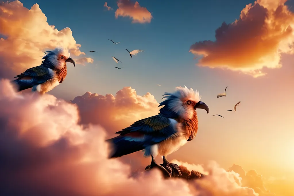 Prompt: Two birds with cute face and bright long curly feathers sitting on the cloud surrounding by sunset. 4k, phototealistic, fantasy, detailed.