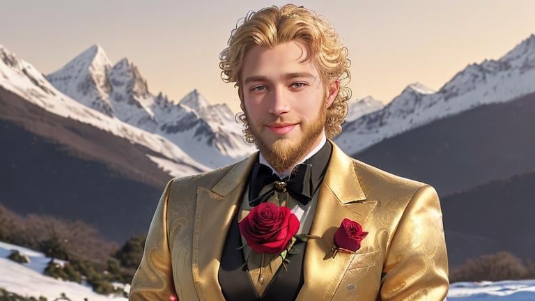 Prompt: Beautiful full body portrait of a handsome blond curly man with shaped beard, green eyes, flirty smile, in gold sleevless jacket with roses, liguid gold is dripping from his shoulders. On the background are black big roses and snowy mountains and sunset. HDR, hyperrealistic, sharp focus, 64 megapixels, perfect composition, high contrast, cinematic, atmospheric, moody. detailed matte painting, deep color, fantastical, intricate detail, splash screen, complementary colors, fantasy concept art, 8k resolution trending on Artstation Unreal Engine 5.