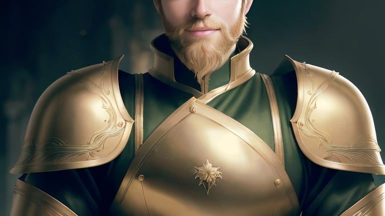 Prompt: Beautiful half body portrait of a handsome blond man with shaped beard, green eyes, flirty smile, in gold armour sleevlese jacket, liguid gold is dripping from his shoulders. HDR, hyperrealistic, sharp focus, 64 megapixels, perfect composition, high contrast, cinematic, atmospheric, moody. detailed matte painting, deep color, fantastical, intricate detail, splash screen, complementary colors, fantasy concept art, 8k resolution trending on Artstation Unreal Engine 5.