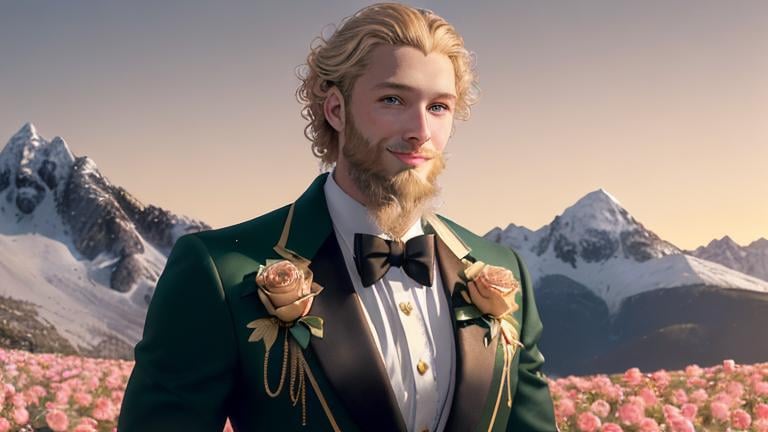 Prompt: Beautiful full body portrait of a handsome blond curly man with shaped beard, green eyes, flirty smile, in gold sleevless jacket with roses, liguid gold is dripping from his shoulders. On the background are black big roses and snowy mountains and sunset. HDR, hyperrealistic, sharp focus, 64 megapixels, perfect composition, high contrast, cinematic, atmospheric, moody. detailed matte painting, deep color, fantastical, intricate detail, splash screen, complementary colors, fantasy concept art, 8k resolution trending on Artstation Unreal Engine 5.