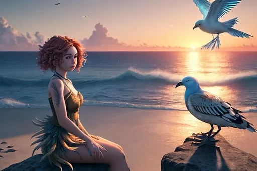 Prompt: Portrait of bright birds with curly feathers sitting infront Of ocean sunrise. Unreal Engine, fantastic scene, super detailed, 9k, high resolution.