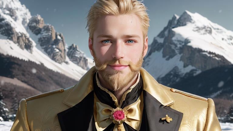 Prompt: Beautiful half body portrait of a handsome blond man with shaped beard, green eyes, flirty smile, in gold sleevless jacket, liguid gold is dripping from his shoulders. On the background are black big roses and snowy mountains. HDR, hyperrealistic, sharp focus, 64 megapixels, perfect composition, high contrast, cinematic, atmospheric, moody. detailed matte painting, deep color, fantastical, intricate detail, splash screen, complementary colors, fantasy concept art, 8k resolution trending on Artstation Unreal Engine 5.