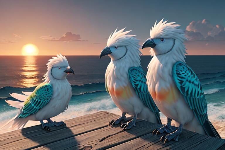 Prompt: Portrait of bright fluffy birds with long curly feathers sitting infront Of ocean sunrise. Unreal Engine, fantastic scene, super detailed, 9k, high resolution.