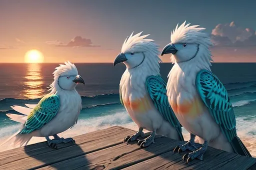 Prompt: Portrait of bright fluffy birds with long curly feathers sitting infront Of ocean sunrise. Unreal Engine, fantastic scene, super detailed, 9k, high resolution.