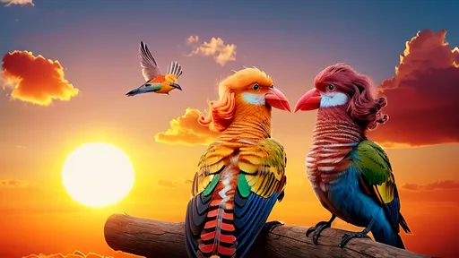 Prompt: Two bright birds with small beak with cute face and bright long curly feathers sitting on the cloud surrounding by sunset. Featjers should be very curly. 4k, phototealistic, fantasy, detailed.