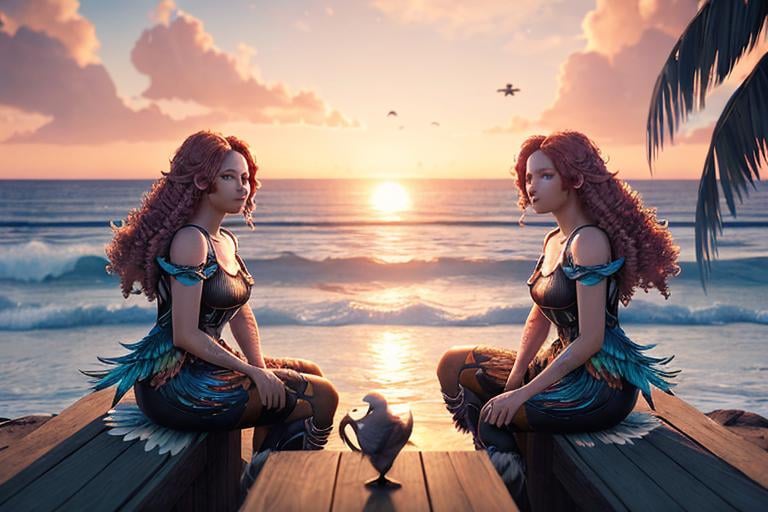 Prompt: Portrait of bright birds with curly feathers sitting infront Of ocean sunrise. Unreal Engine, fantastic scene, super detailed, 9k, high resolution.