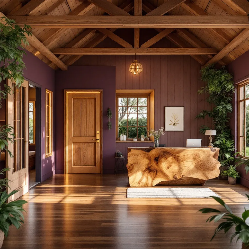 Prompt: Design a Wellness Centreusing purple, gold and wood colour themes

