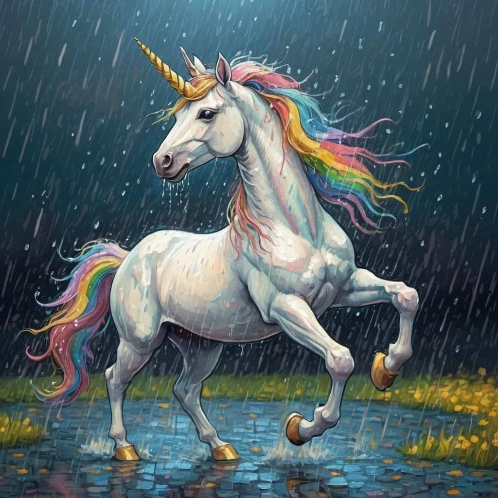 Prompt: happy unicorn is dancing in the rain in the style of Van Gogh