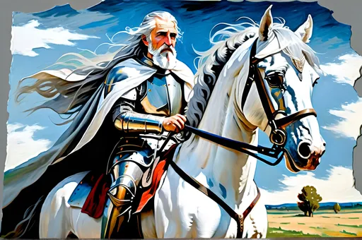 Prompt: Portrait of an old armoured Knight with a long White cloak,  grey beard and long grey hair, with no helmet, riding a White Horse on a field with clear blue Sky, very thick Impasto, impressionism, 