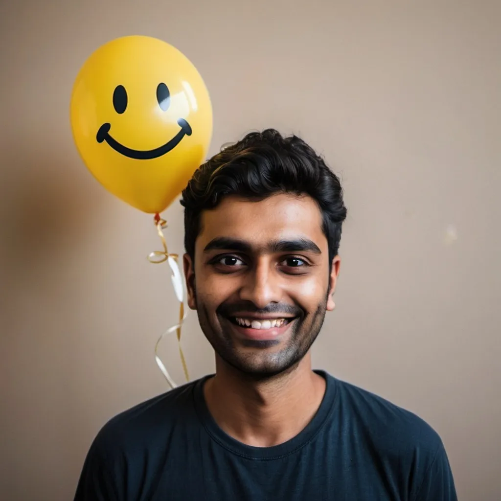 Prompt: a man standing in front of a wall with balloons and a smiley face on it's forehead and a smile on his face, Anthony Devas, samikshavad, single face, a picture