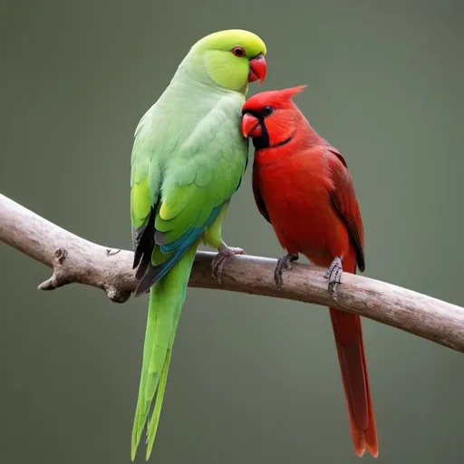 Prompt: Ring-necked parakeet and red cardinal together on a branch. Both birds are upright and close together