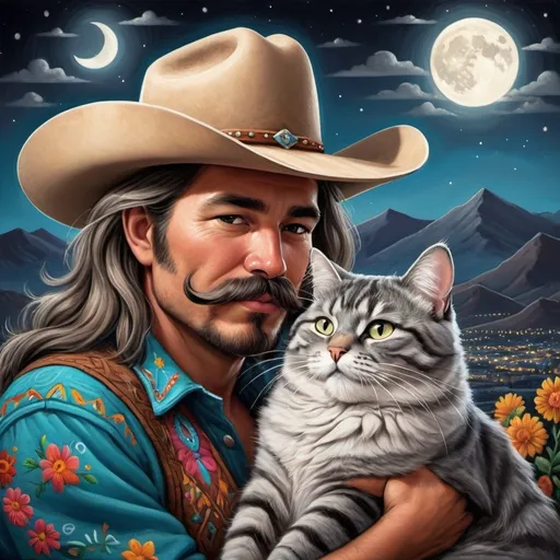Prompt: A long-haired cowboy with a mustache and a cowboy hat, nuzzling a very fat Grey tabby cat. The background is a moonlit night skyline of mountains. painted in a vibrant Mexican folk style, not realistic with big brushstrokes
