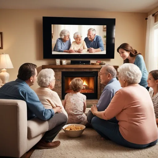 Prompt: A warm, inviting image of a family gathered around a big screen TV, looking at healthy Grandma telling her life story.