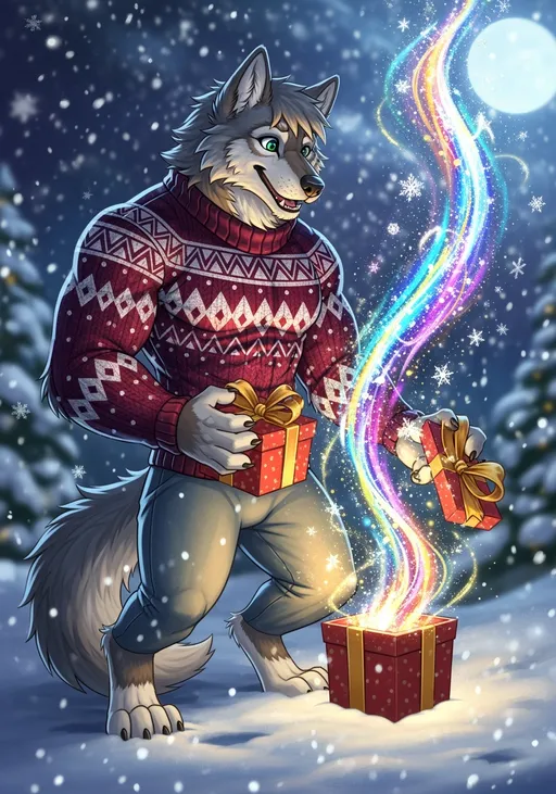 Prompt: Picture a muscular furry wolf standing proudly in a snowy winter landscape, vibrant with the colors of a festive New Year's celebration. The wolf, clad in a luxurious, richly patterned sweater adorned with shimmering silver and gold accents, exudes warmth and strength. Its expressive eyes gleam with excitement as it leans slightly forward, a beautifully wrapped present held open before it. From the depths of the gift, a swirling cascade of iridescent magic dances into the air, vibrant hues of blue, purple, and gold sparkling in the soft moonlight. Snowflakes softly drift down, catching the light as they fall, adding a dreamlike quality to the scene. This enchanting moment is enveloped in a style reminiscent of Magic: The Gathering, with detailed illustrations and fantastical elements coming to life amid the enchanting winter night.