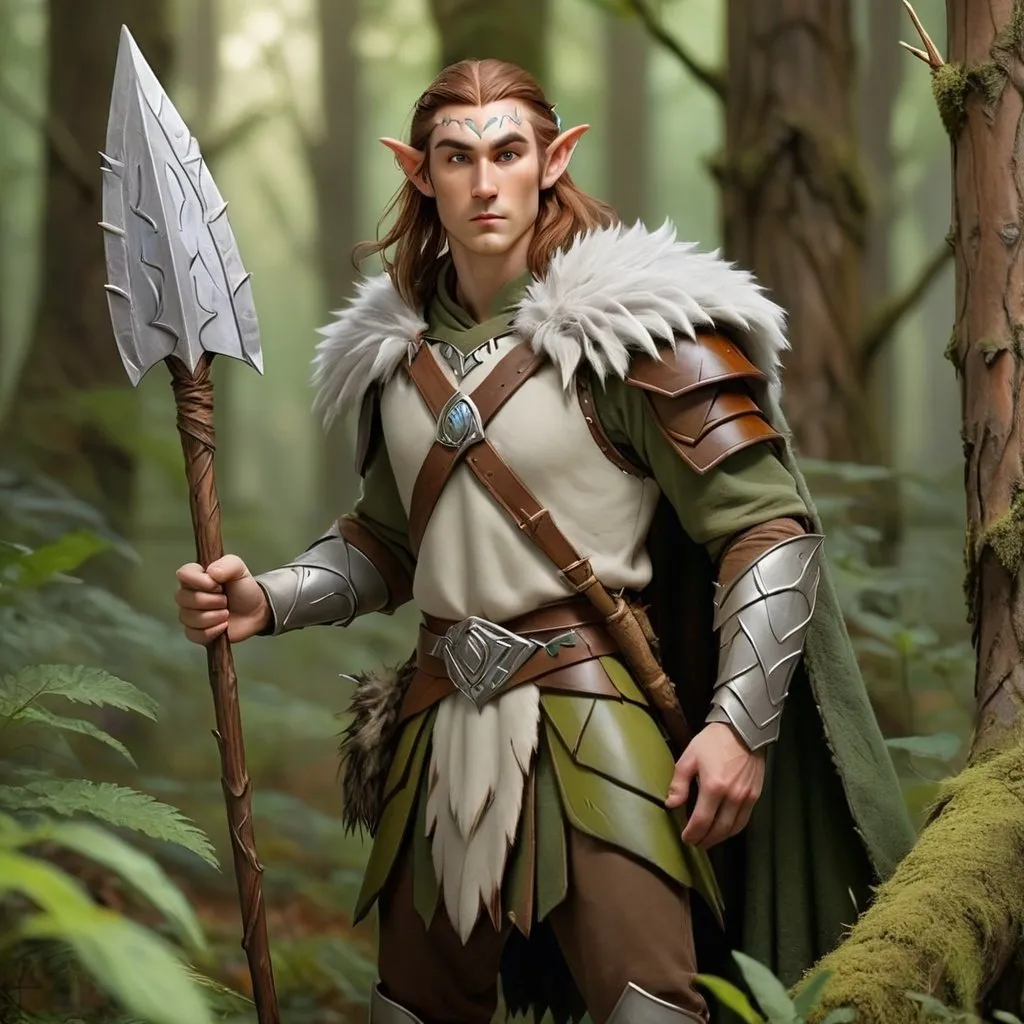Prompt: Male Half-Elven druid in a mystical forest, fur hide armor, silver headed spear, wooden shield, brown hair, slightly rugged face