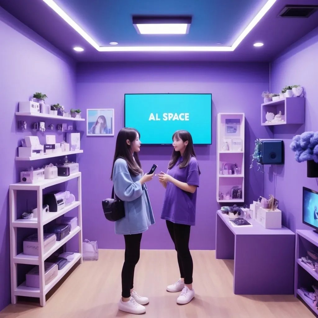 Prompt: girls doing live stream shop , talking with audience at tiny room with blue purple tone , room name called "AL SPACE"