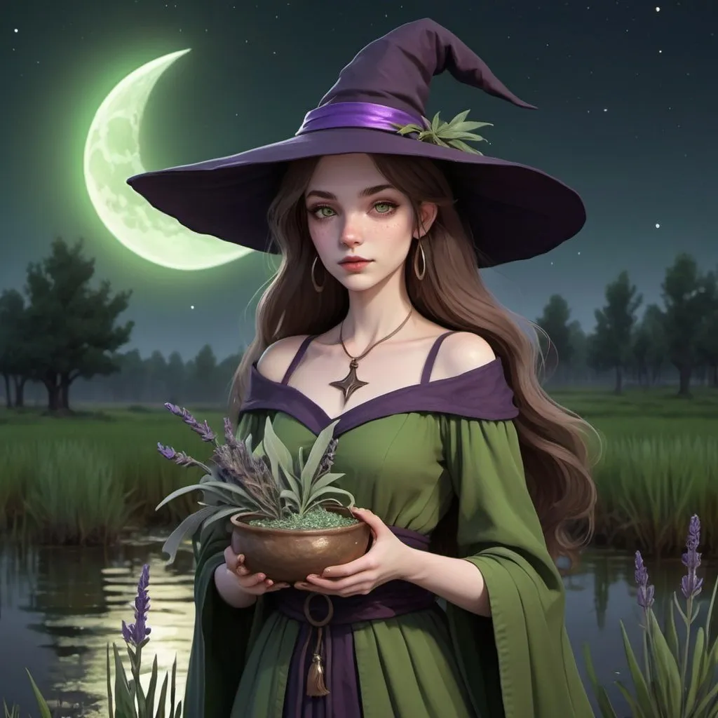 Prompt: A witch avatar with and green clothing in a marsh under a crescent moon night sky and she's holding sage and lavender. But give her pale skin and brown hair and brown irises


